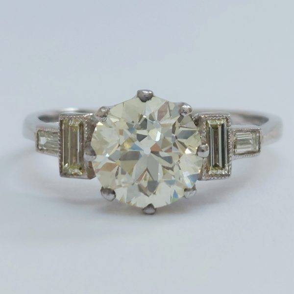 Vintage 1.82ct Diamond Solitaire Ring with Baguette Diamond Shoulders