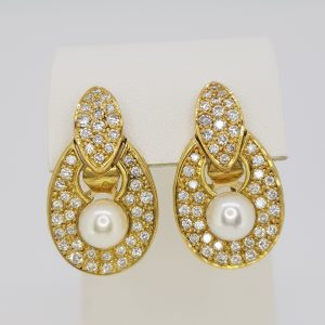 Vintage French Pearl, Diamond and 18ct Yellow Gold Earrings, 2.40 carats