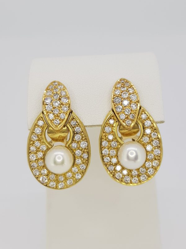 Vintage French Pearl, Diamond and 18ct Yellow Gold Earrings, 2.40 carats