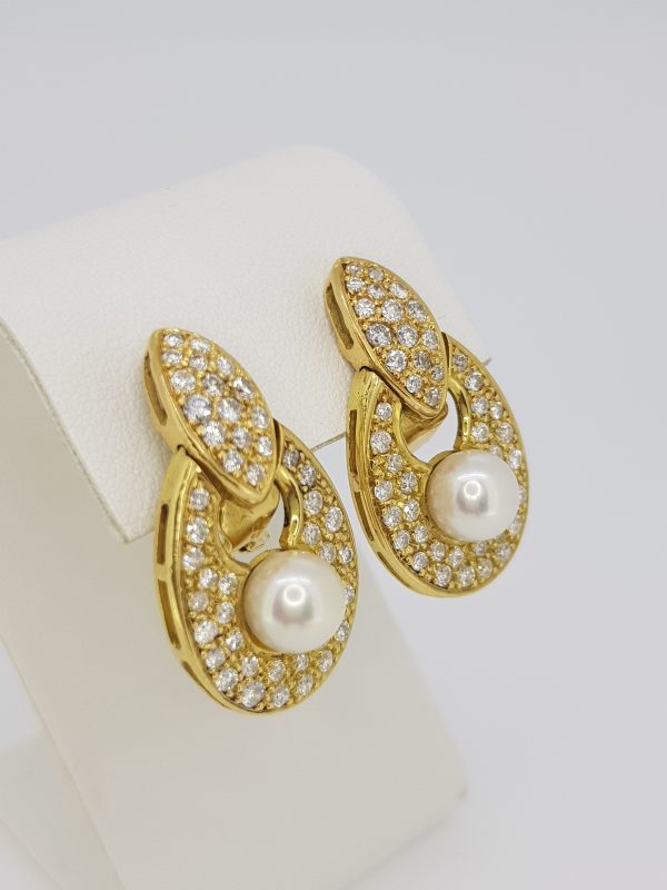Vintage French Pearl, Diamond and 18ct Yellow Gold Earrings