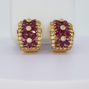 Vintage 1970s Ruby and Diamond Floral Creole Earrings in 18ct Yellow Gold
