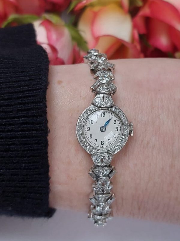 Diamond cocktail bracelet watch 1920 Art Deco platinum
