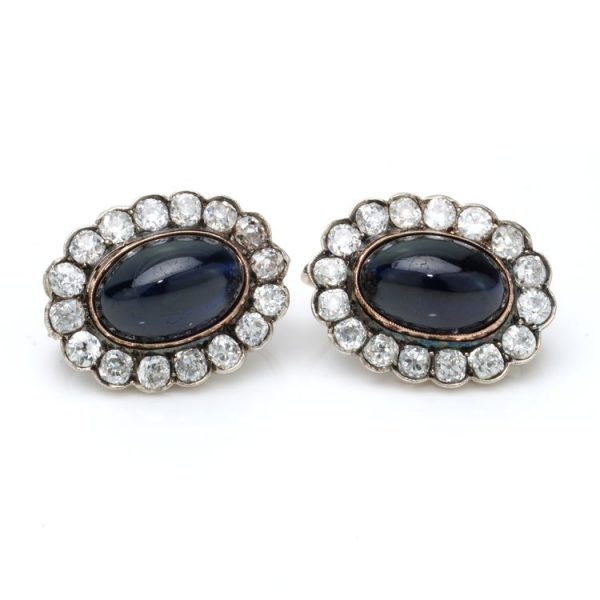 Antique Russian 12ct Cabochon Sapphire and Old Cut Diamond Cluster Earrings