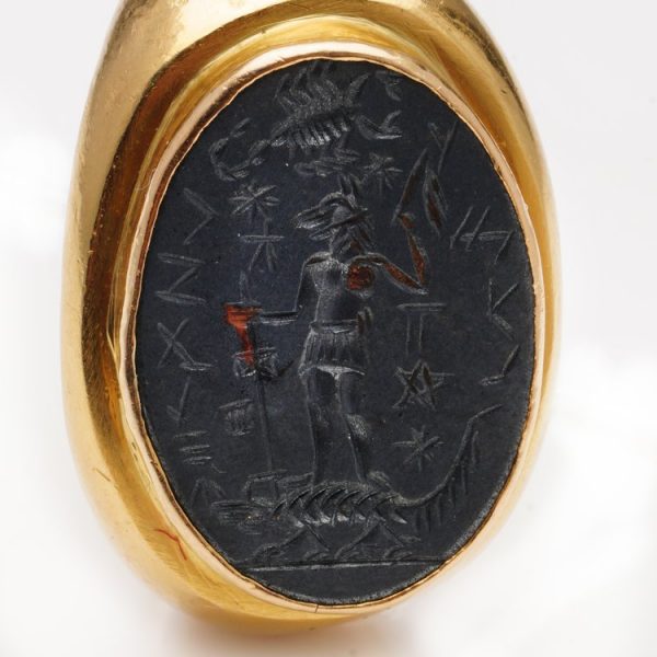 Antique 22ct Yellow Gold Intaglio Ring with hematite stone engraved with the Egyptian God Anubis, with later shank