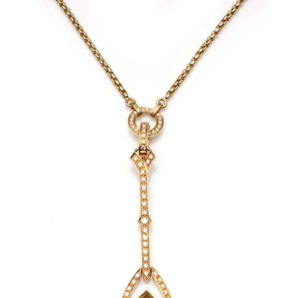 Stephen Webster Crystal Haze Collection Necklace; featuring a luminous Citrine and mother of pearl doublet surrounded by a halo of 0.78cts pave set diamonds, on an 18ct yellow gold chain with a secure hidden box clasp. Made in England, London, Circa 2007