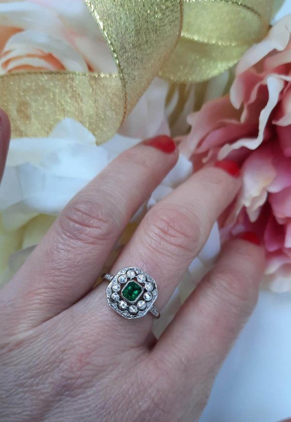 Antique Belle Epoque Emerald and Diamond Cluster Dress Ring