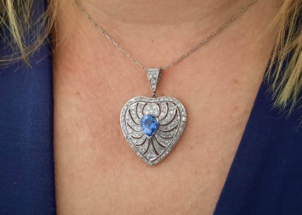 Art Deco 2ct Pear Sapphire and Old Cut Diamond Heart Shaped Pendant