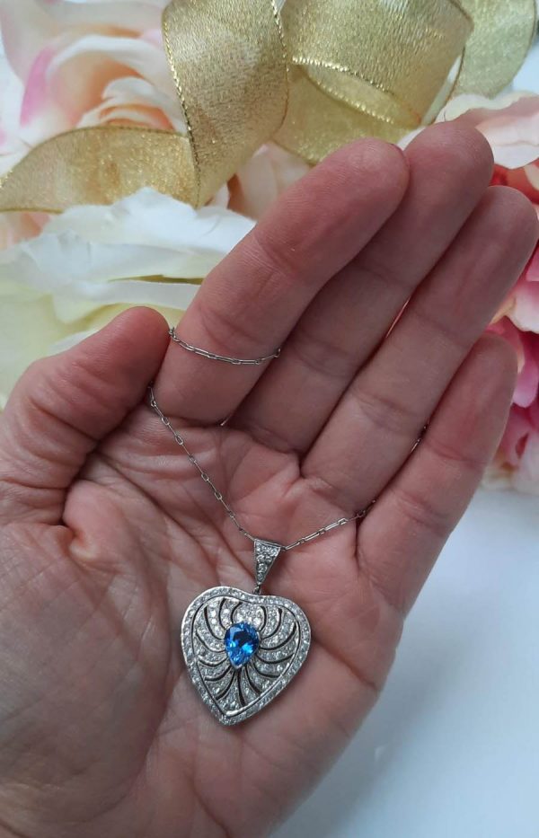 Art Deco 2ct Pear Sapphire and Old Cut Diamond Heart Shaped Pendant