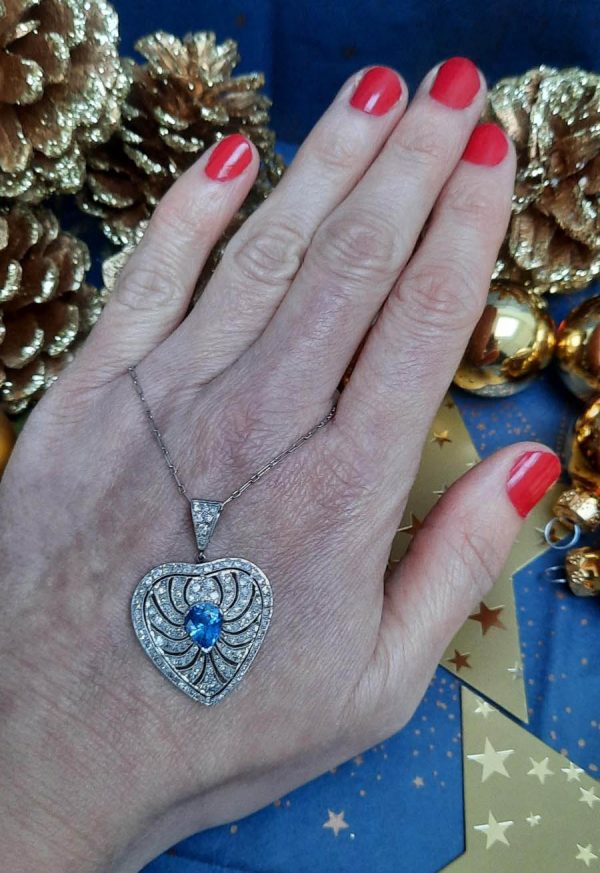 Art Deco 2ct Pear Sapphire and Old Cut Diamond Heart Shaped Pendant