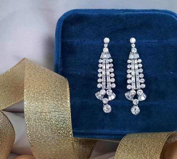 Vintage diamond drop earrings long baguette cut diamond 1950 platinum