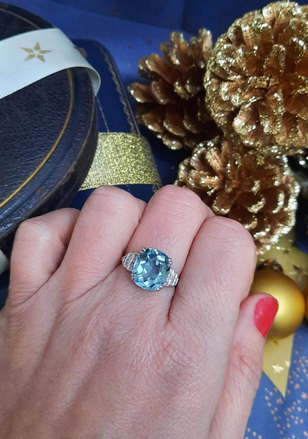 Art Deco 5ct Aquamarine and Diamond Dress Ring in Platinum