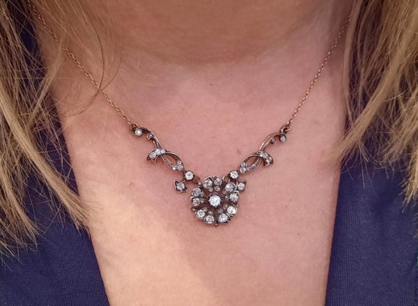 Antique Victorian Old Cut Diamond Flower Cluster Necklace