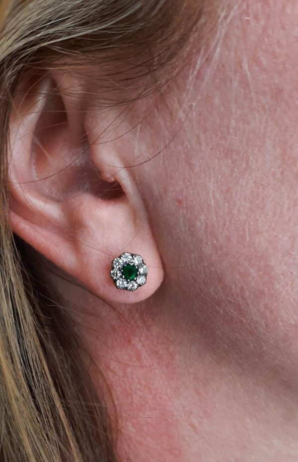 Emerald and Diamond Cluster Stud Earrings
