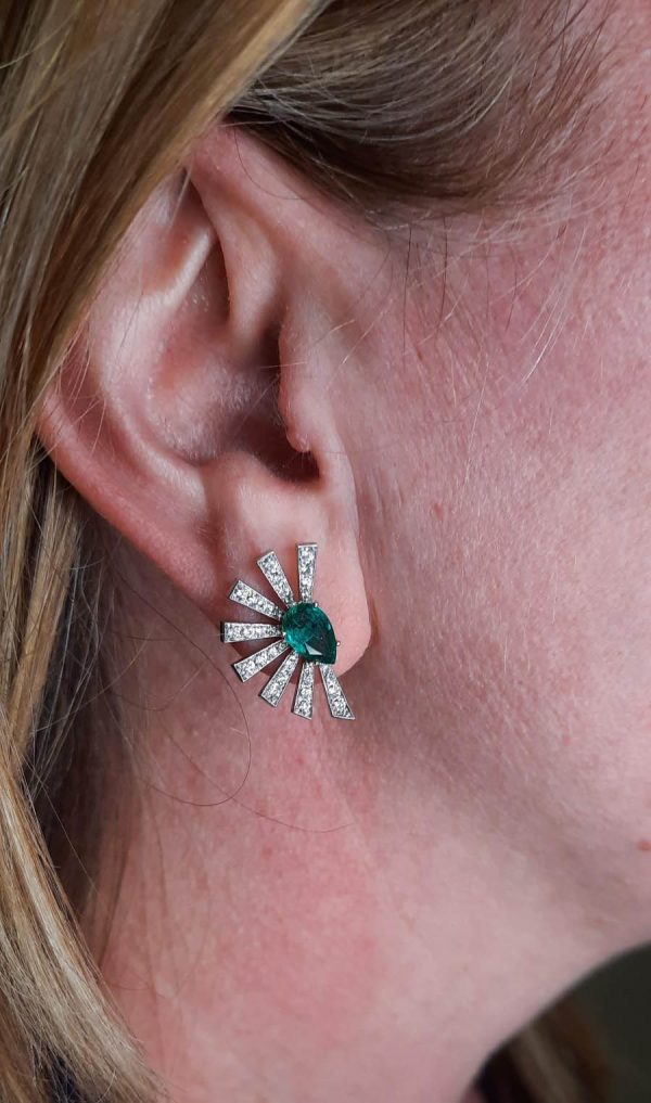 Emerald and Diamond Starburst Fan Shaped Earrings