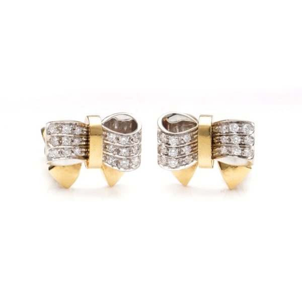 Pomellato Italian 1.08ct Diamond Bow Earrings, 18ct yellow gold ladies bow-tie shaped clip-on earrings set with 1.08 carats of brilliant-cut diamonds, with original Pomellato box, Circa 1980s