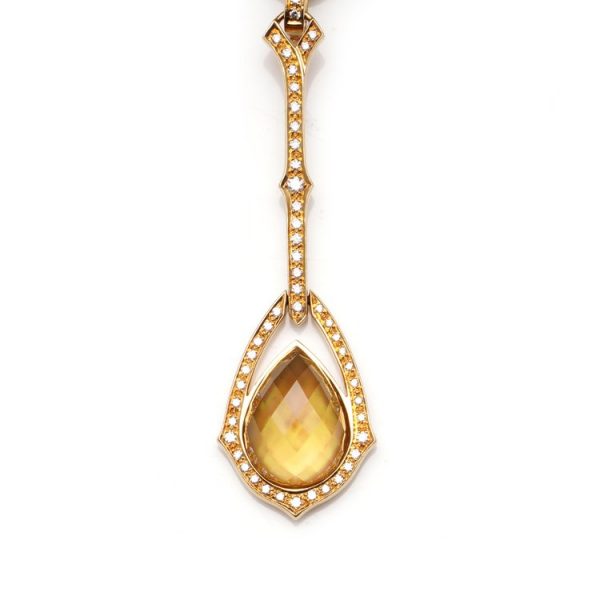 Stephen Webster Crystal Haze Collection Necklace; featuring a luminous Citrine and mother of pearl doublet surrounded by a halo of 0.78cts pave set diamonds, on an 18ct yellow gold chain with a secure hidden box clasp. Made in England, London, Circa 2007