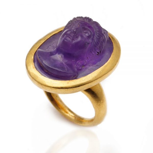 Antique Victorian Carved Amethyst Cameo Ring in 22ct Gold depicting the Mythical Goddess Fortune