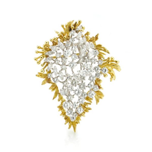 Vintage 6ct Diamond Changeable Brooch in 18ct Gold; 2-in-1 diamond brooch, central panel features 6.05 carats of brilliant and marquise-cut diamonds mounted in 18ct white gold, surrounded by a removeable abstract 18ct yellow gold frame