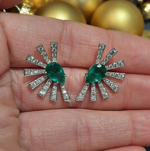 Emerald and Diamond Starburst Fan Shaped Earrings