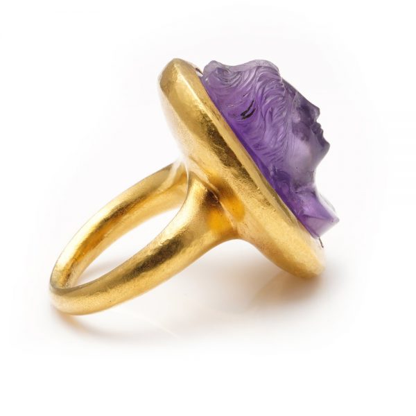 Antique Victorian Carved Amethyst Cameo Ring in 22ct Yellow Gold