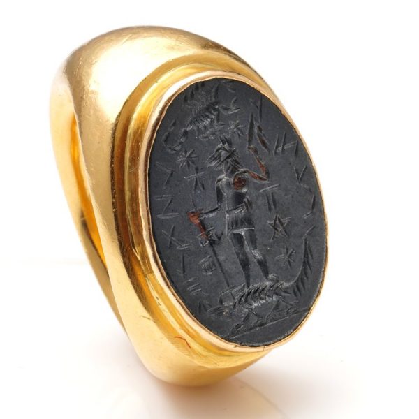Antique 22ct Yellow Gold Hematite Intaglio Ring with Egyptian God Anubis
