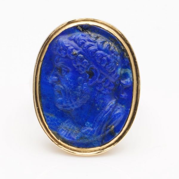 Antique Ancient Roman Emperor Lapis Lazuli and Gold Signet Ring; Second Century AD Roman Empire carved lapis lazuli depicting the iconic Hadrian Roman Emperor with later 18ct yellow gold shank