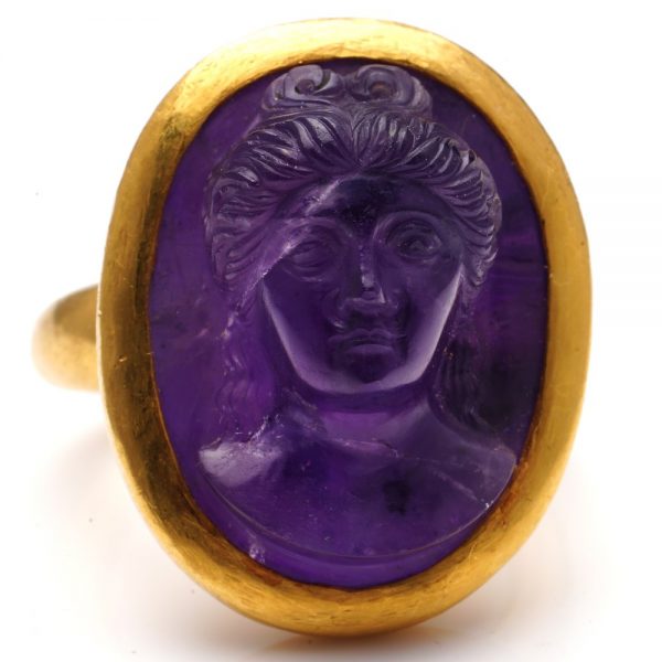 Antique Victorian Carved Amethyst Cameo Ring in 22ct Gold depicting the Mythical Goddess Fortune