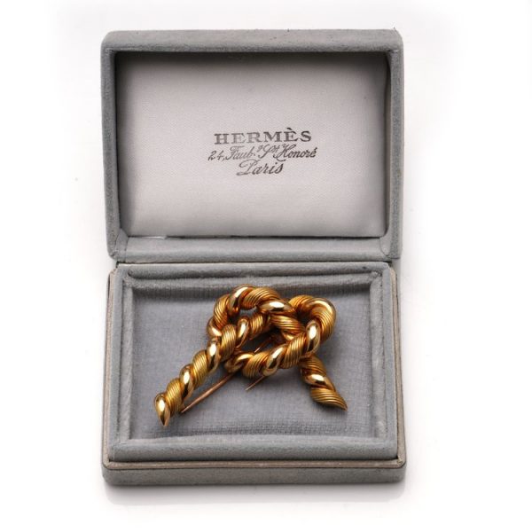 Vintage Hermes 1960s Tied Rope Knot Gold Brooch by Georges Lenfant, in original box