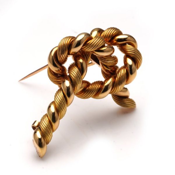 Vintage Hermes 1960s Tied Rope Knot Gold Brooch by Georges Lenfant