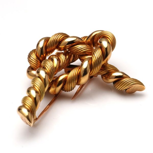 Vintage Hermes 1960s Tied Rope Knot Gold Brooch by Georges Lenfant