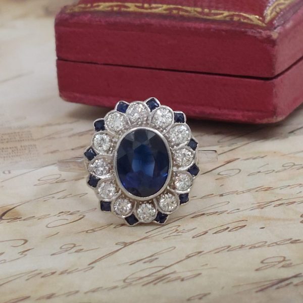 Art Deco 1.85ct Sapphire and Diamond Floral Cluster Ring DB3