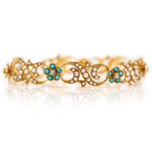 Antique Victorian 18ct Gold Turquoise Forget Me Not and Seed Pearl Bracelet Circa 1890