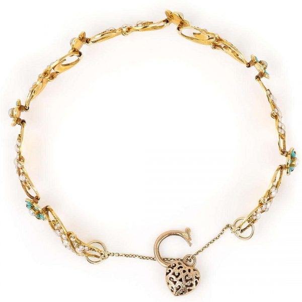 Antique Victorian 18ct Gold Turquoise Forget Me Not and Seed Pearl Bracelet Circa 1890