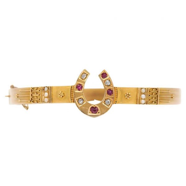Antique Victorian 15ct Yellow Gold Ruby Diamond and Pearl Etruscan Style Bracelet
