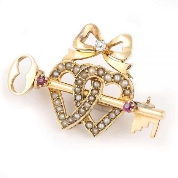 Antique Victorian 15 Carat Gold Pearl Dual Sweet Heart Ruby Key and Diamond Bow Brooch