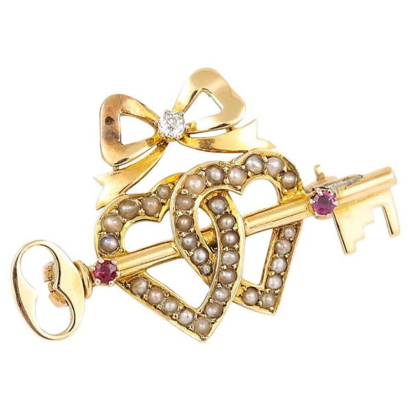 Antique Victorian 15 Carat Gold Pearl Dual Sweet Heart Ruby Key and Diamond Bow Brooch