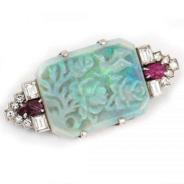 Antique Art Deco Platinum 7.30ct Carved Opal Ruby and Diamond Brooch Circa 1920
