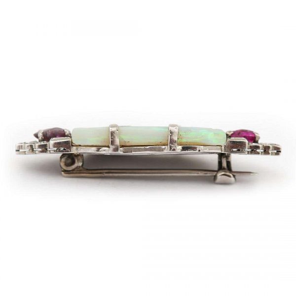 Antique Art Deco Platinum 7.30ct Carved Opal Ruby and Diamond Brooch Circa 1920