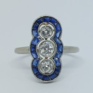 Art Deco Antique Old Mine Cut Diamond and Sapphire Ring