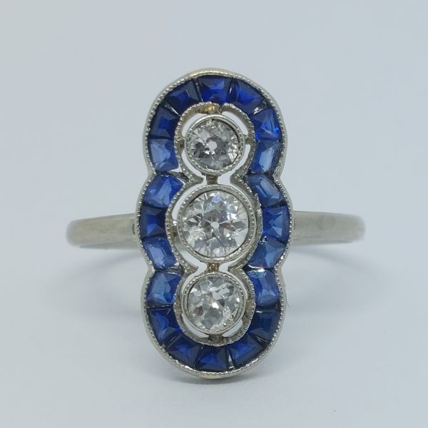 Art Deco Antique Old Mine Cut Diamond and Sapphire Ring