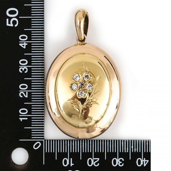 Antique Victorian Large Oval18ct Gold Forget Me Not Rose Cut Diamond Locket Pendant