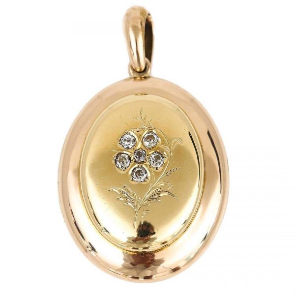 Antique Victorian Large Oval18ct Gold Forget Me Not Rose Cut Diamond Locket Pendant