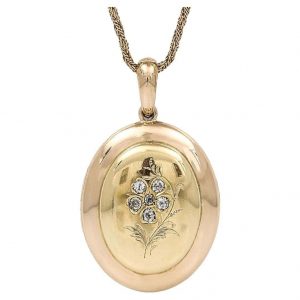 Antique Victorian Large Oval18ct Gold Forget Me Not Rose Cut Diamond Locket Pendant