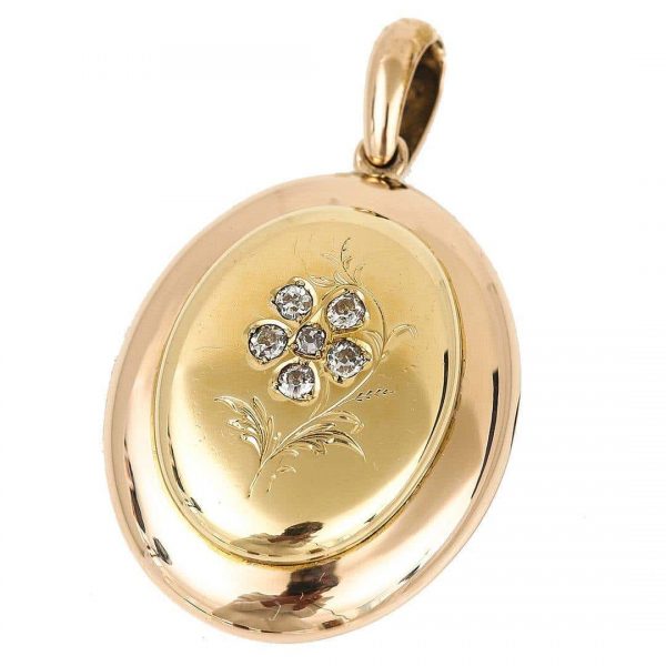 Antique Victorian Large Oval18ct Gold Forget Me Not Rose Cut Diamond Locket Pendant