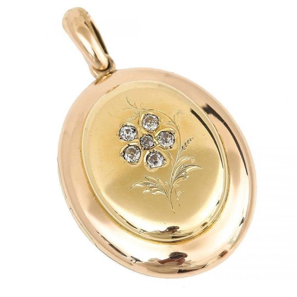 Antique Victorian Large Oval18ct Gold Forget Me Not Rose Cut Diamond Locket Pendant