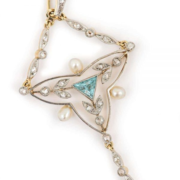 Antique Edwardian 18ct Gold and Platinum Aquamarine Diamond and Pearl Pendant Necklace
