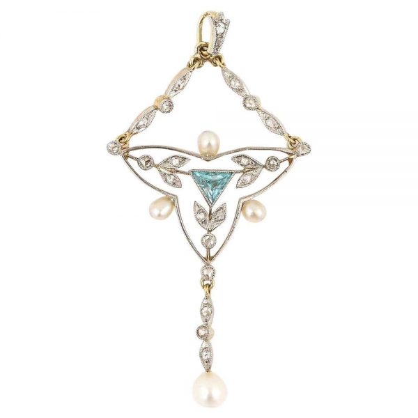 Antique Edwardian 18ct Gold and Platinum Aquamarine Diamond and Pearl Pendant Necklace