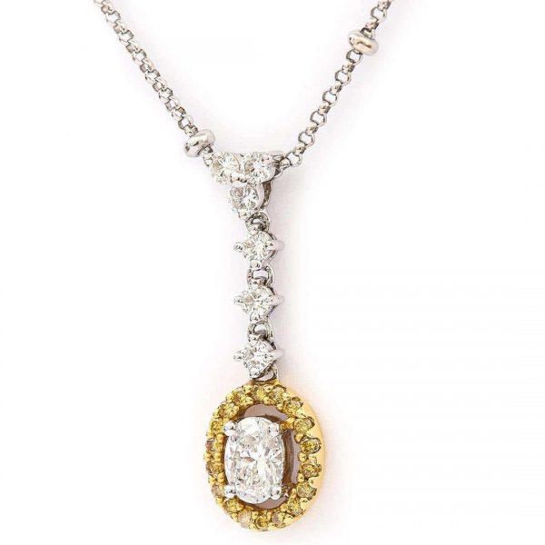 Contemporary 18ct Gold White and Yellow Diamond Halo Pendant Necklace
