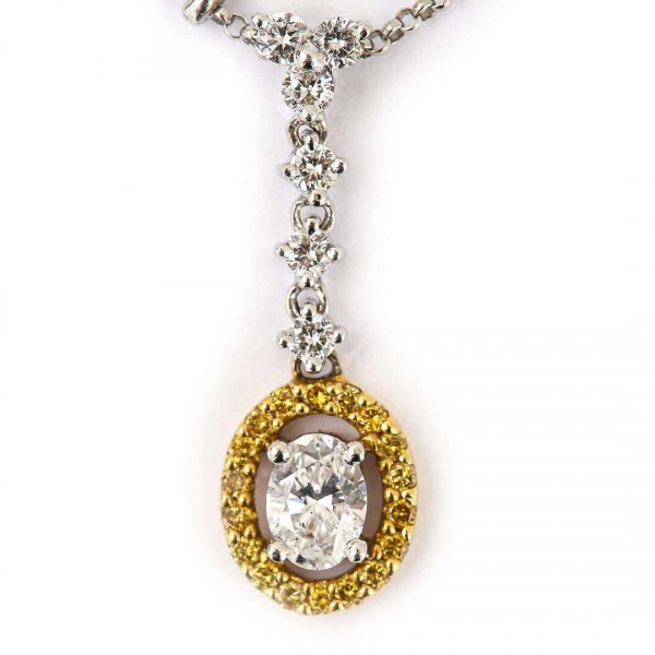 Contemporary 18ct Gold White and Yellow Diamond Halo Pendant Necklace