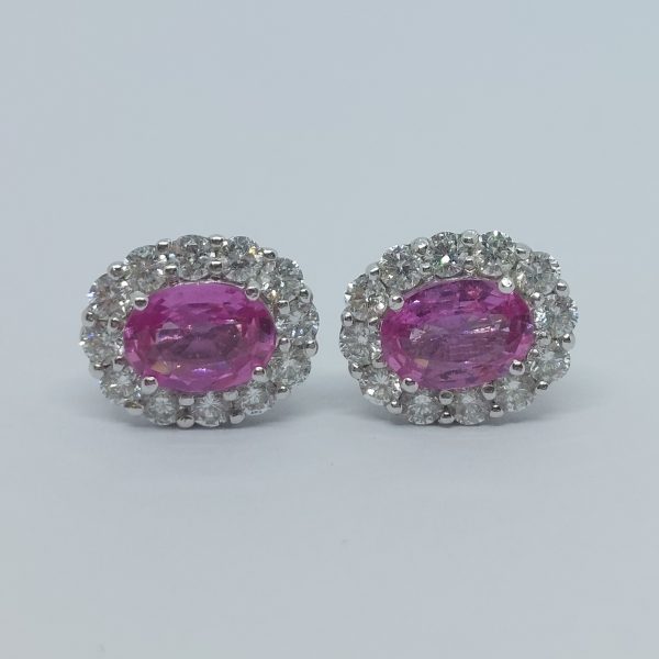 Vintage Pink Sapphire and Diamond Oval Cluster Stud Earrings